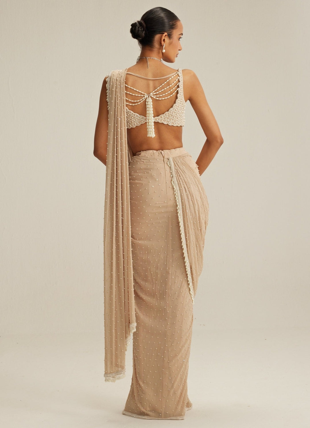 Beige Gold Georgette Pre Draped Saree With Pearl Blouse Vvani by Vani Vats - Fabilicious Fashion