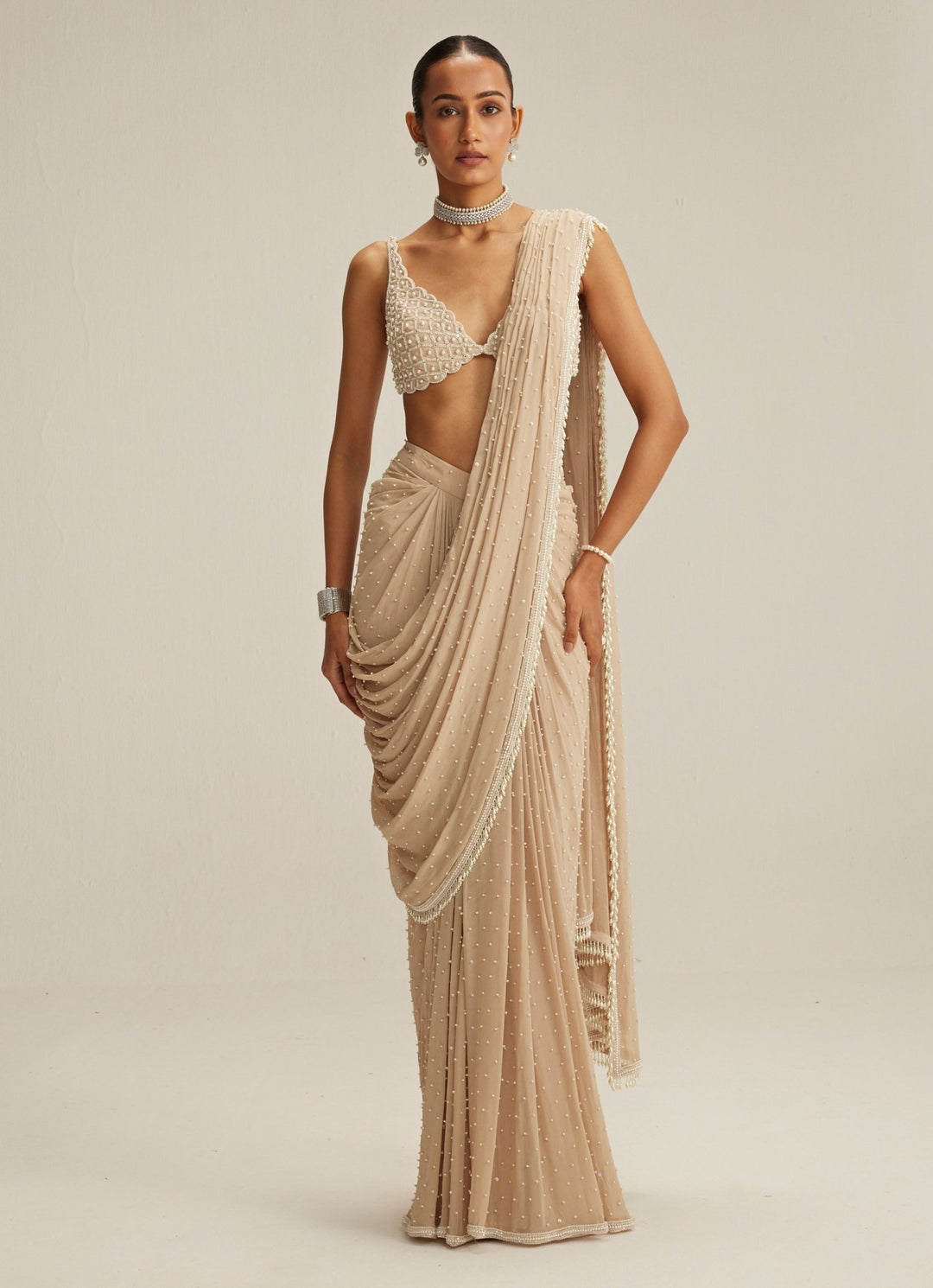 Beige Gold Georgette Pre Draped Saree With Pearl Blouse Vvani by Vani Vats - Fabilicious Fashion