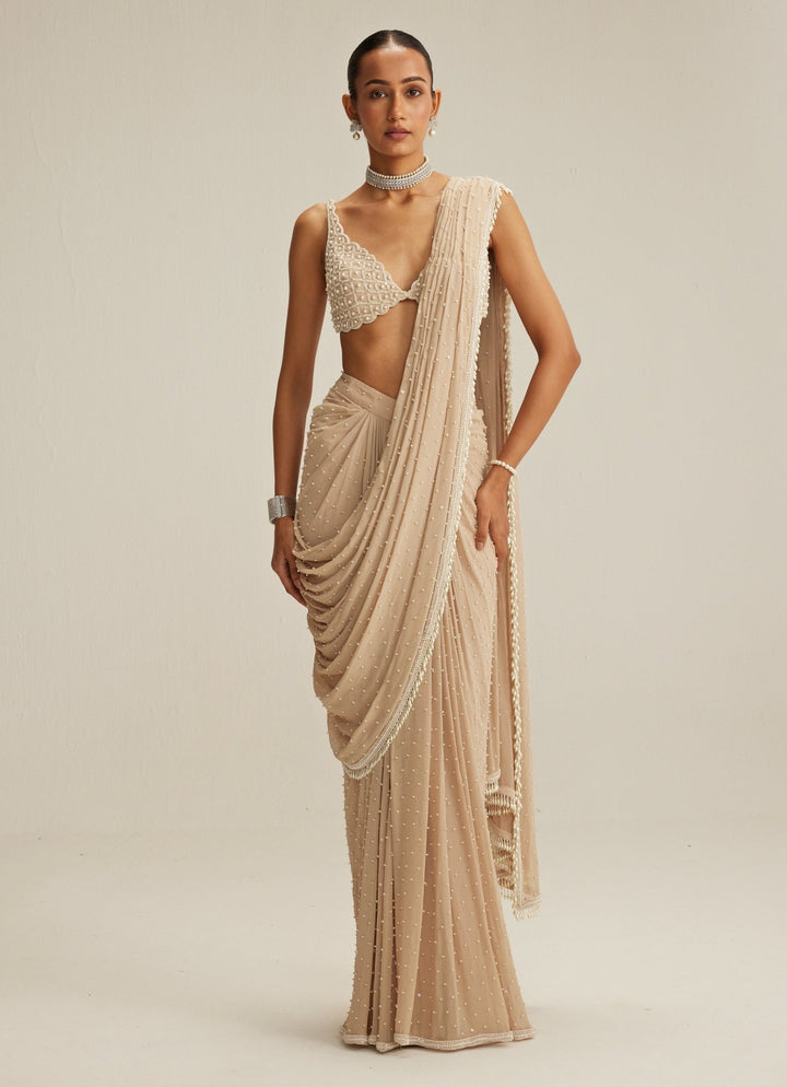 Beige Gold Georgette Pre Draped Saree With Pearl Blouse Vvani by Vani Vats - Fabilicious Fashion
