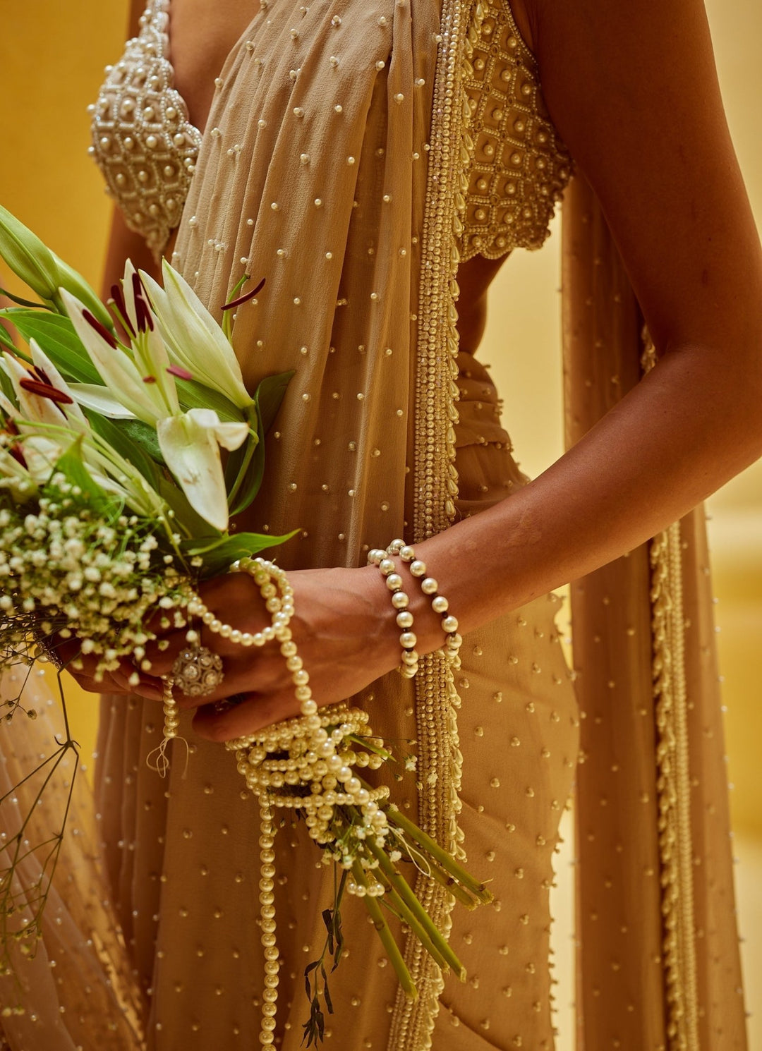 Beige Gold Georgette Pre Draped Saree With Pearl Blouse Vvani by Vani Vats - Fabilicious Fashion