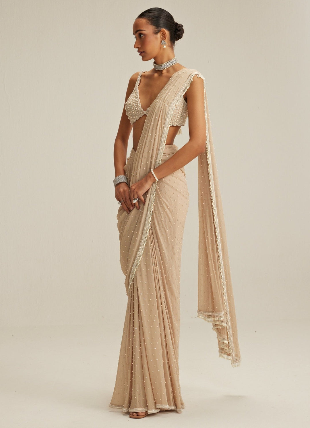 Beige Gold Georgette Pre Draped Saree With Pearl Blouse Vvani by Vani Vats - Fabilicious Fashion