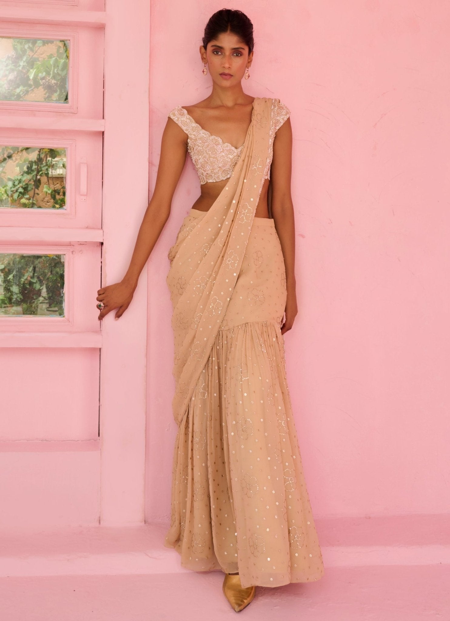 Beige Gold Pre-Draped Georgette Saree by Chamee & Palak from Fabilicious