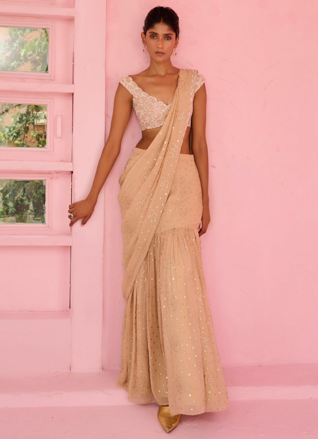 Beige Gold Georgette Predraped Saree Set Chamee and Palak - Fabilicious Fashion