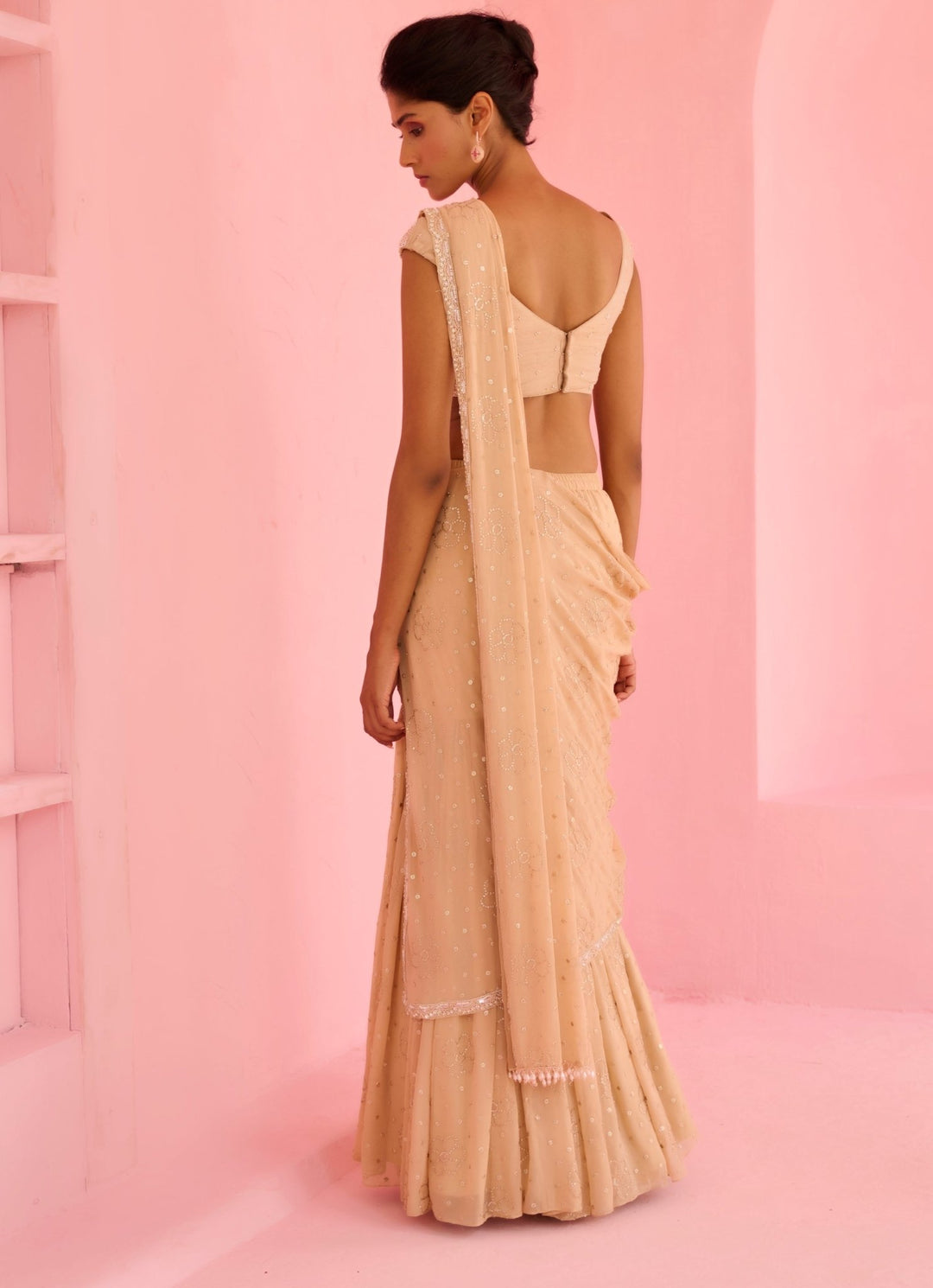 Beige Gold Georgette Predraped Saree Set Chamee and Palak - Fabilicious Fashion