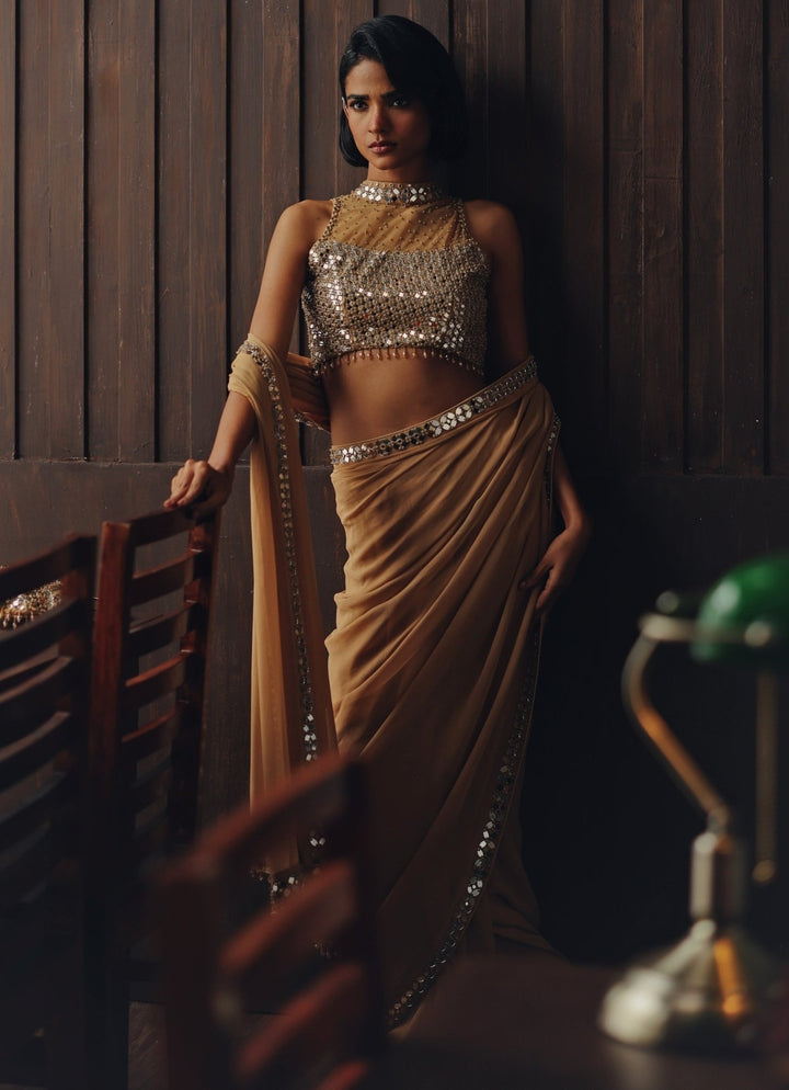 Beige Gold Georgette Saree With Mirror Blouse Twenty Nine - Fabilicious Fashion
