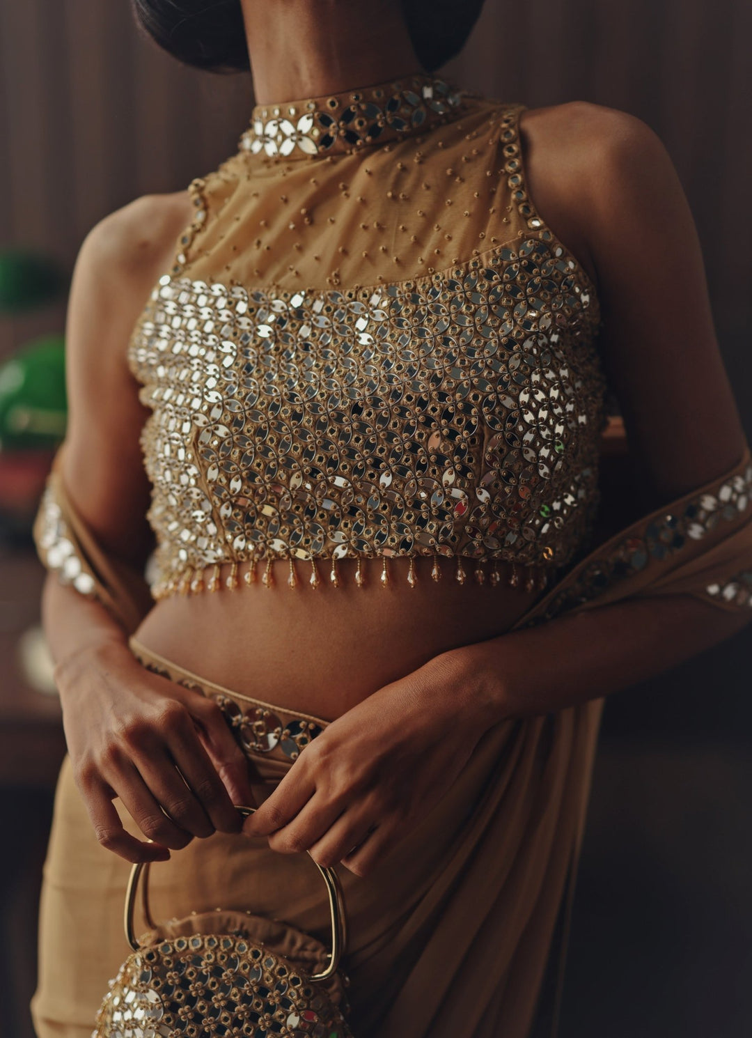 Beige Gold Georgette Saree With Mirror Blouse Twenty Nine - Fabilicious Fashion