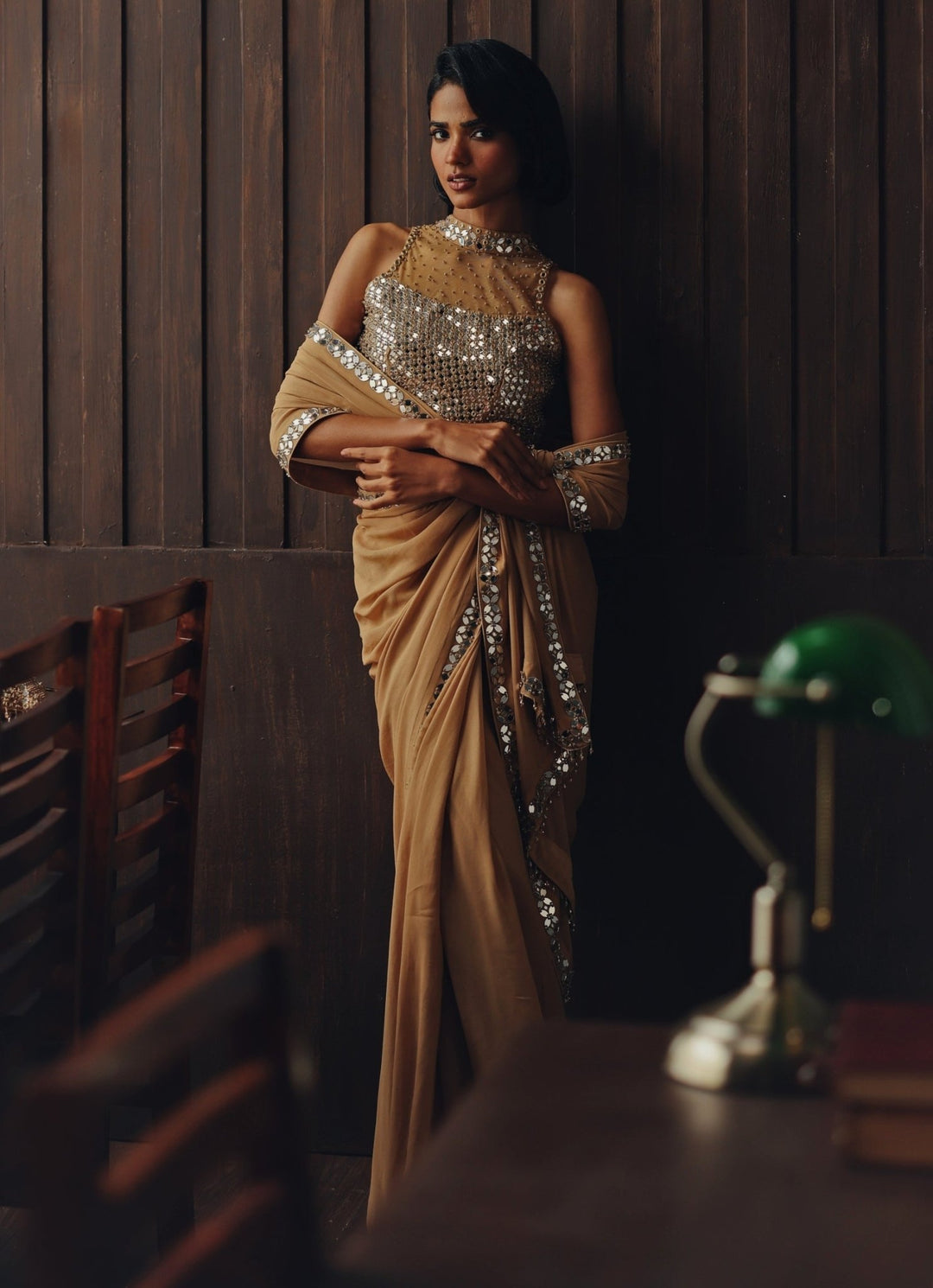 Beige Gold Georgette Saree With Mirror Blouse Twenty Nine - Fabilicious Fashion