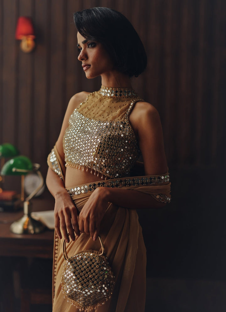 Beige Gold Georgette Saree With Mirror Blouse Twenty Nine - Fabilicious Fashion