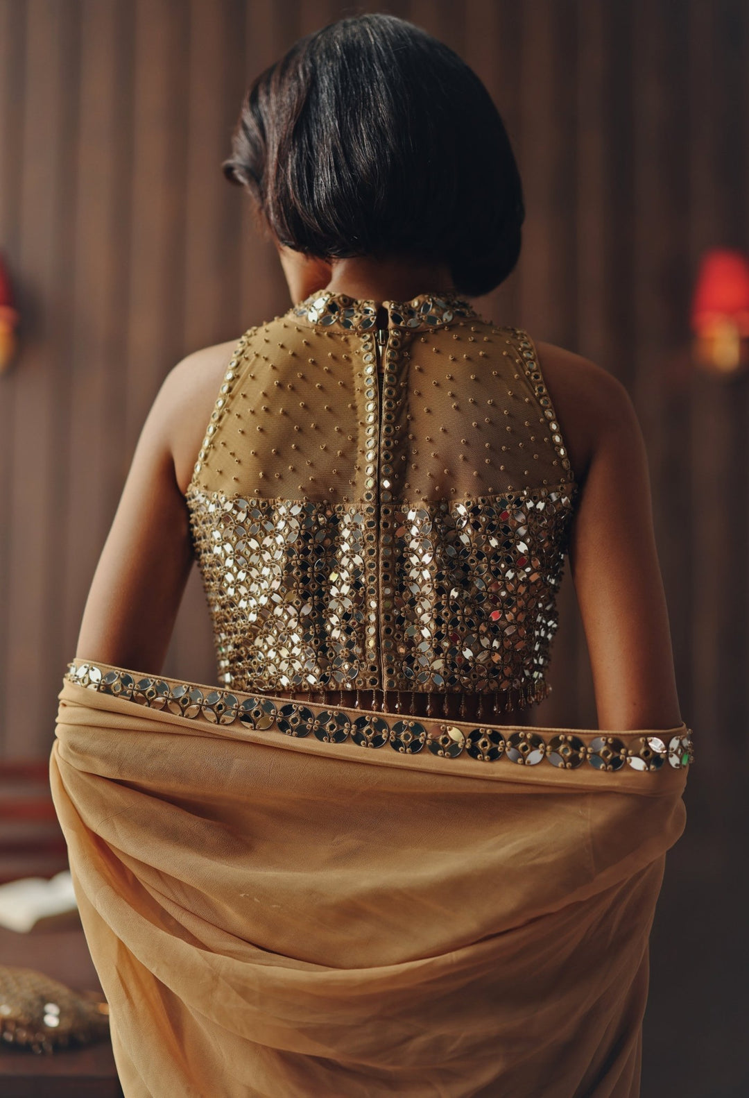 Beige Gold Georgette Saree With Mirror Blouse Twenty Nine - Fabilicious Fashion