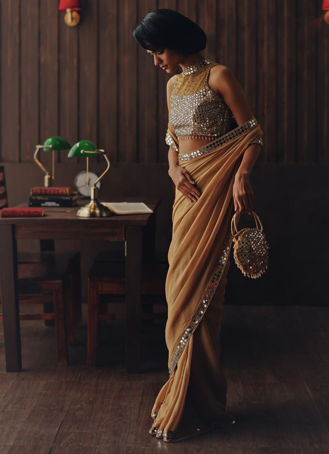 Beige Gold Georgette Saree With Mirror Blouse Twenty Nine - Fabilicious Fashion