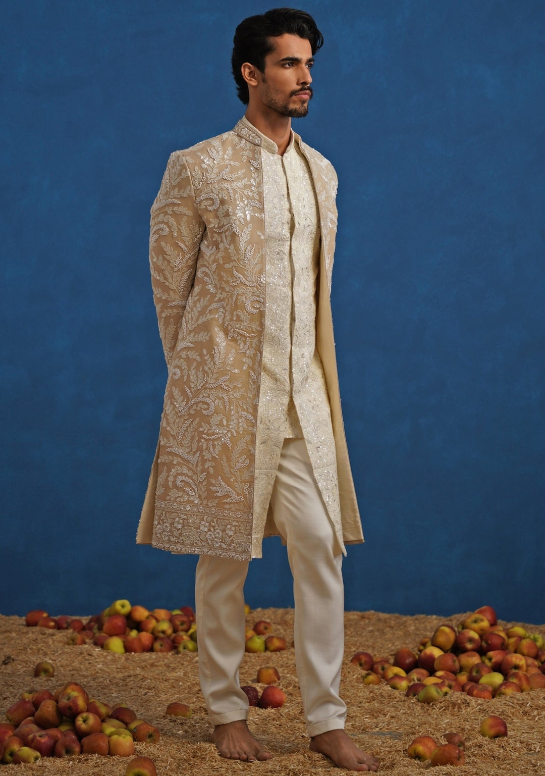 Beige Gold Georgette Sherwani Set Kalpraag - Fabilicious Fashion