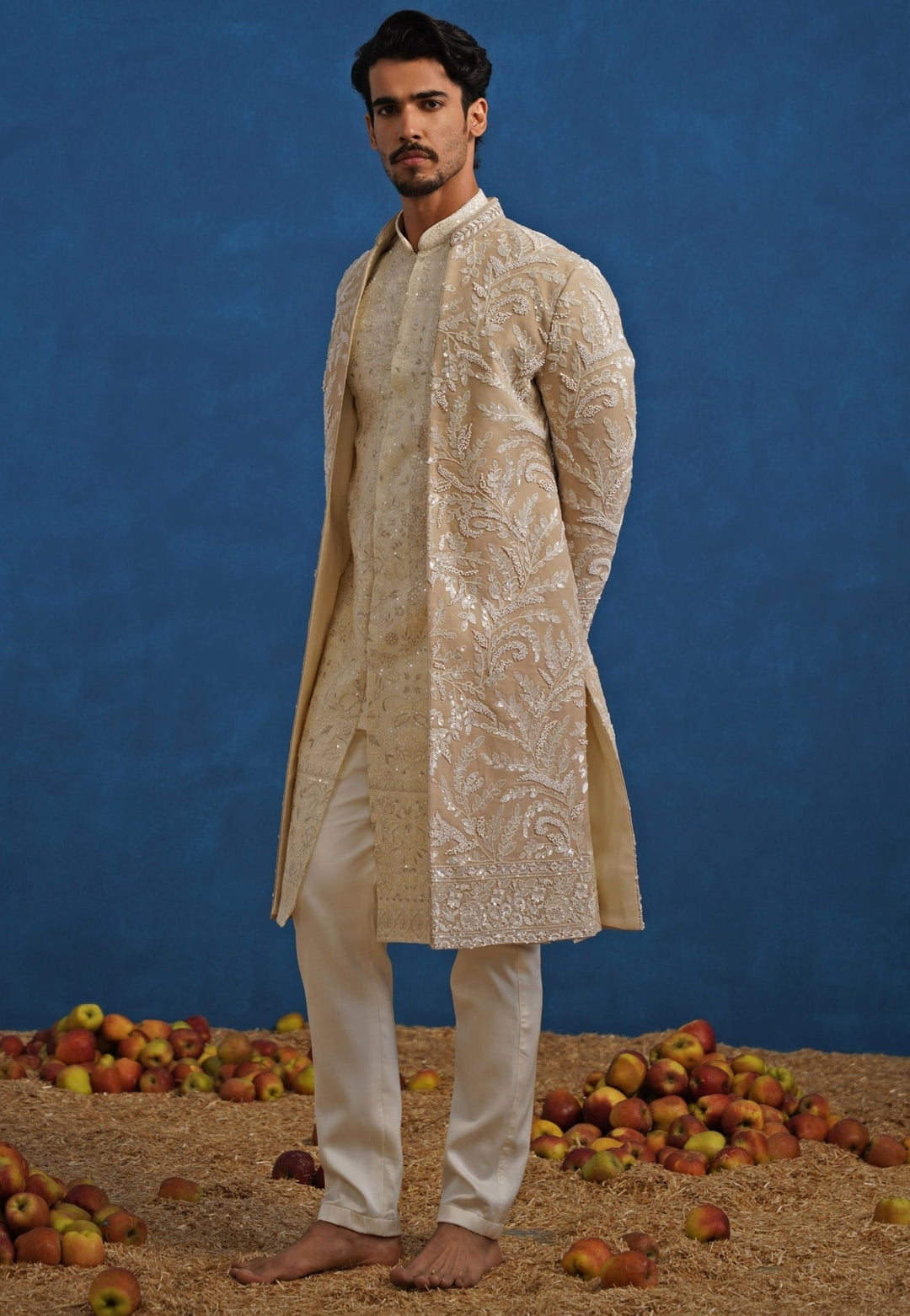 Beige Gold Georgette Sherwani Set Kalpraag - Fabilicious Fashion