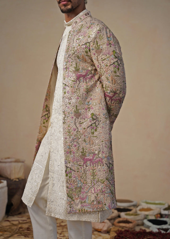 Beige Gold Georgette Sherwani Set Kalpraag - Fabilicious Fashion