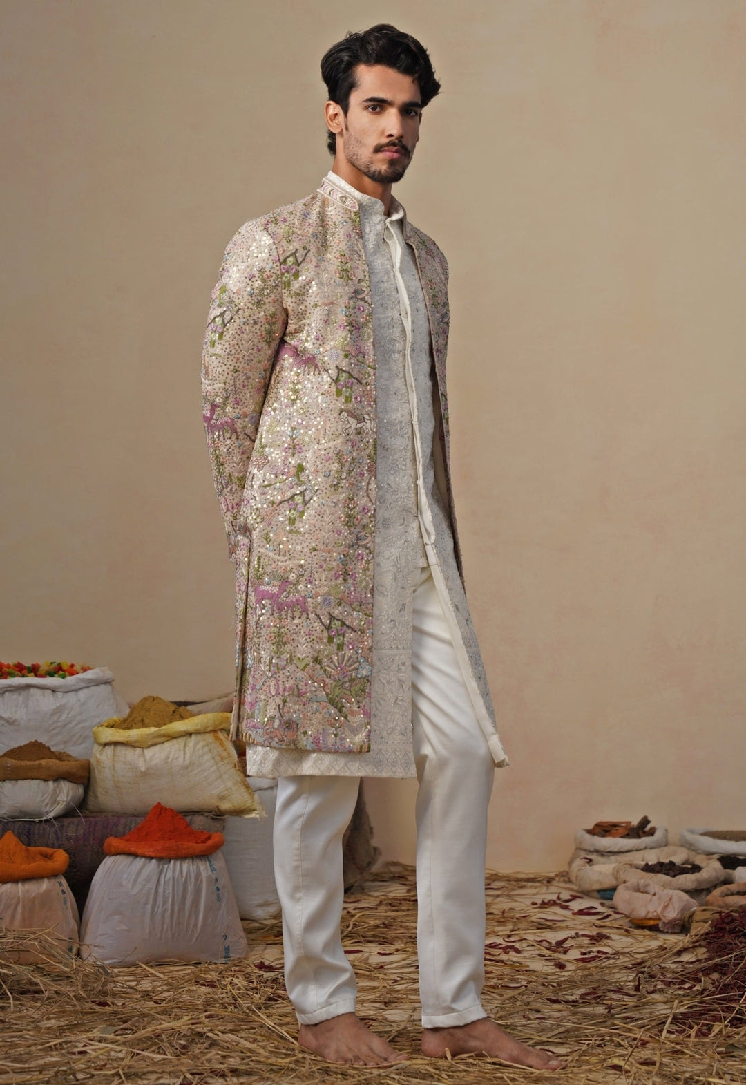 Beige Gold Georgette Sherwani Set Kalpraag - Fabilicious Fashion