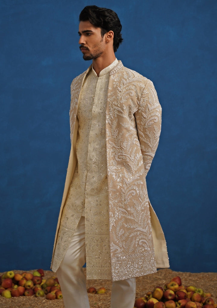 Beige Gold Georgette Sherwani Set Kalpraag - Fabilicious Fashion