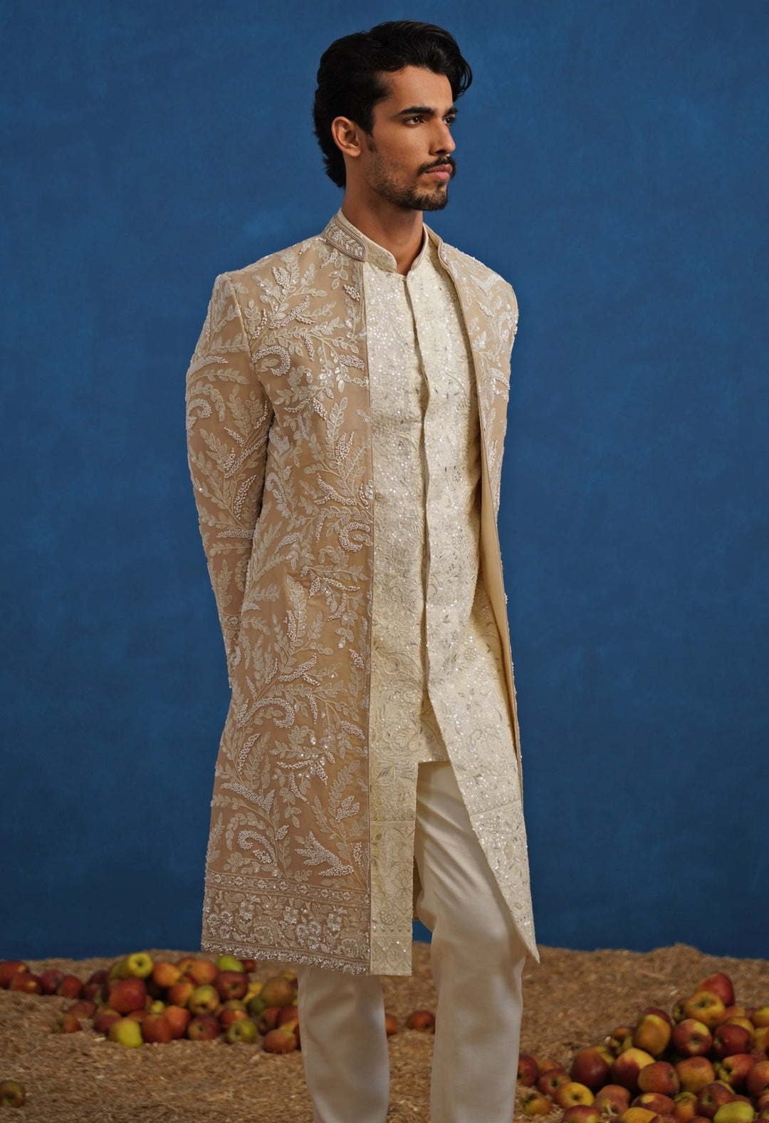 Beige Gold Georgette Sherwani Set Kalpraag - Fabilicious Fashion