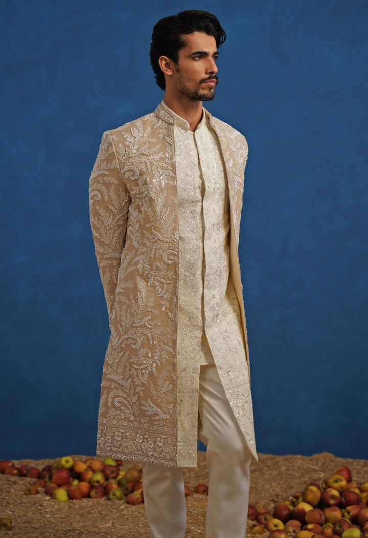 Beige Gold Georgette Sherwani Set Kalpraag - Fabilicious Fashion