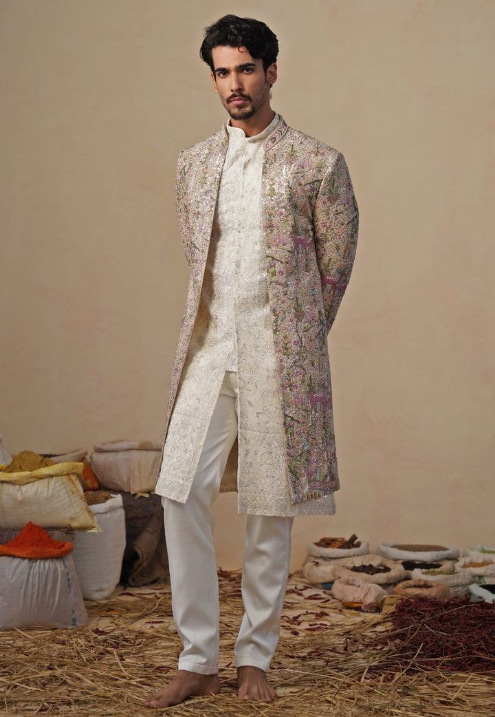 Beige Gold Georgette Sherwani Set Kalpraag - Fabilicious Fashion