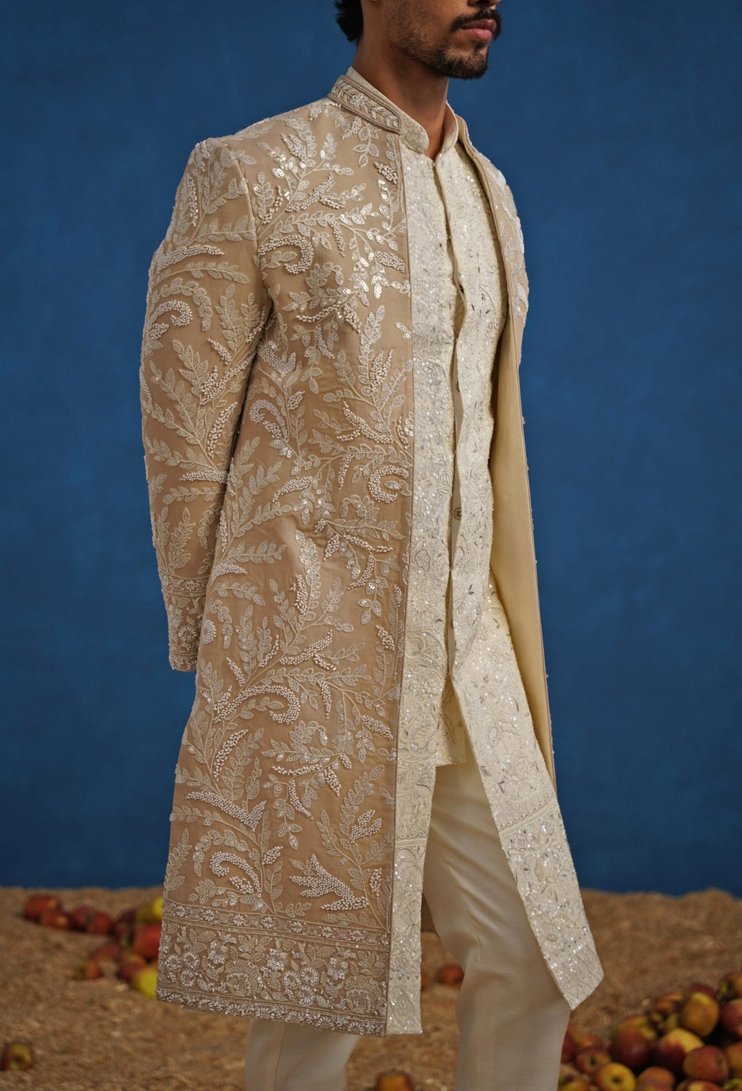Beige Gold Georgette Sherwani Set Kalpraag - Fabilicious Fashion