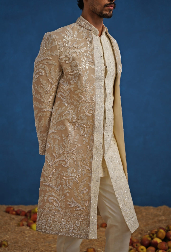 Beige Gold Georgette Sherwani Set Kalpraag - Fabilicious Fashion