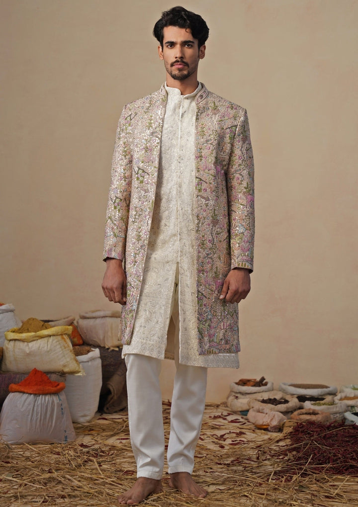 Beige Gold Georgette Sherwani Set Kalpraag - Fabilicious Fashion