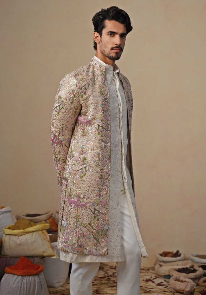 Beige Gold Georgette Sherwani Set Kalpraag - Fabilicious Fashion