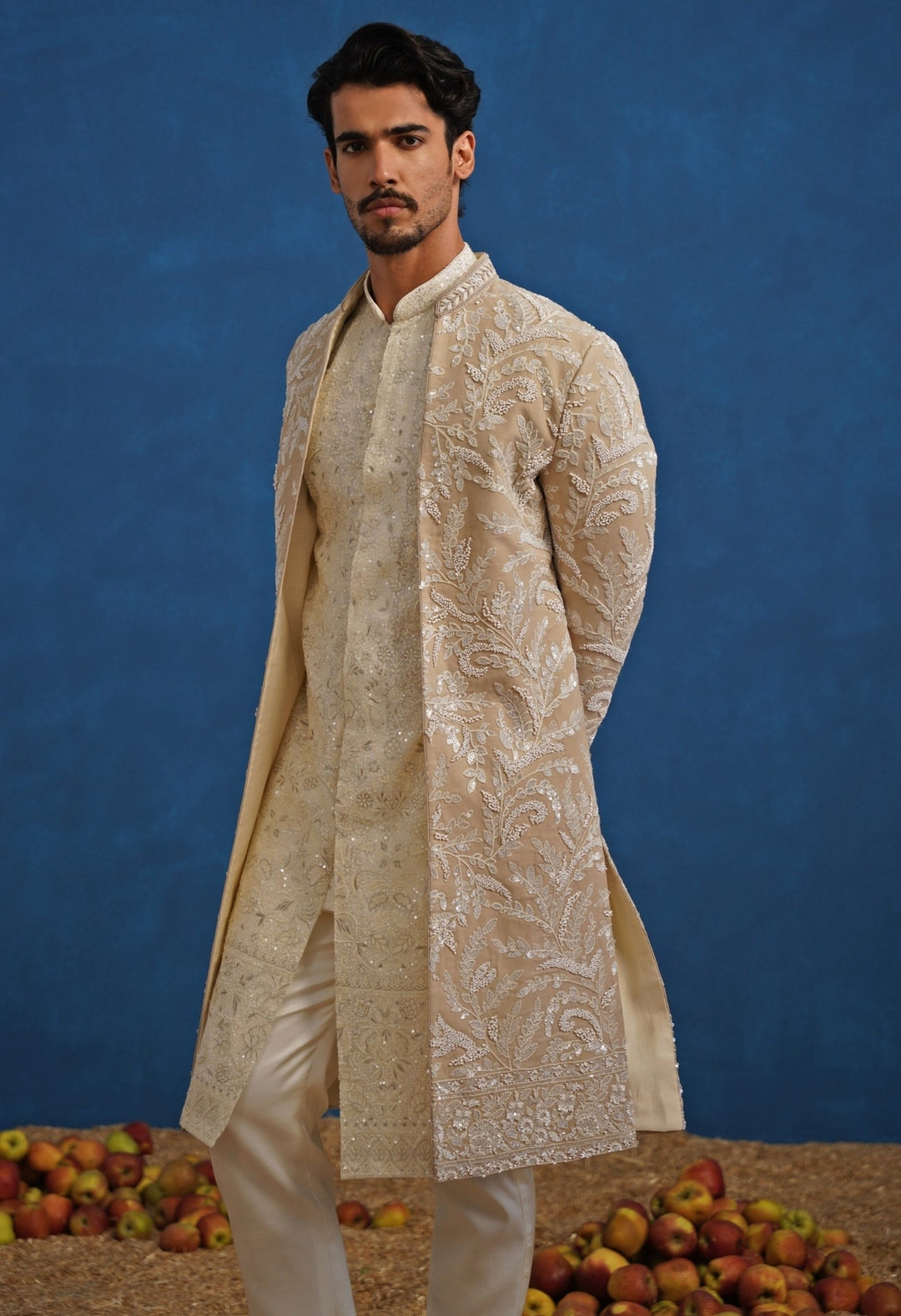 Beige Gold Georgette Sherwani Set Kalpraag - Fabilicious Fashion