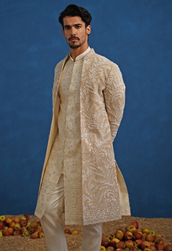 Beige Gold Georgette Sherwani Set Kalpraag - Fabilicious Fashion