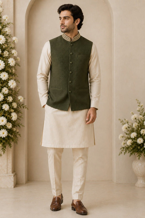 Beige gold kurta set with green bundi Nehru jacket for men