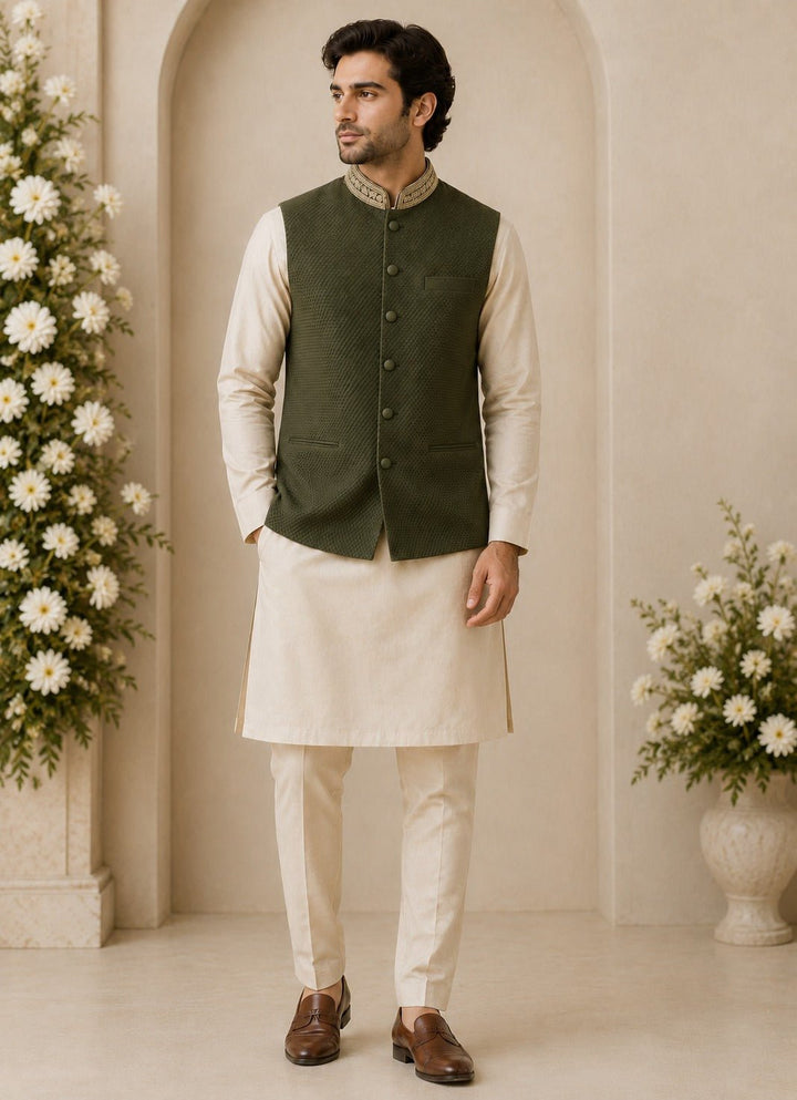Fabilicious Fashion Beige Gold Kurta Set with Green BundiFabilicious Fashion