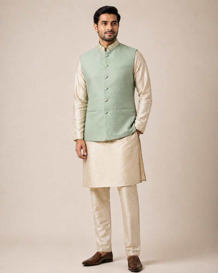 Fabilicious Fashion Beige Gold Kurta Set with Powder Blue BundiFabilicious Fashion