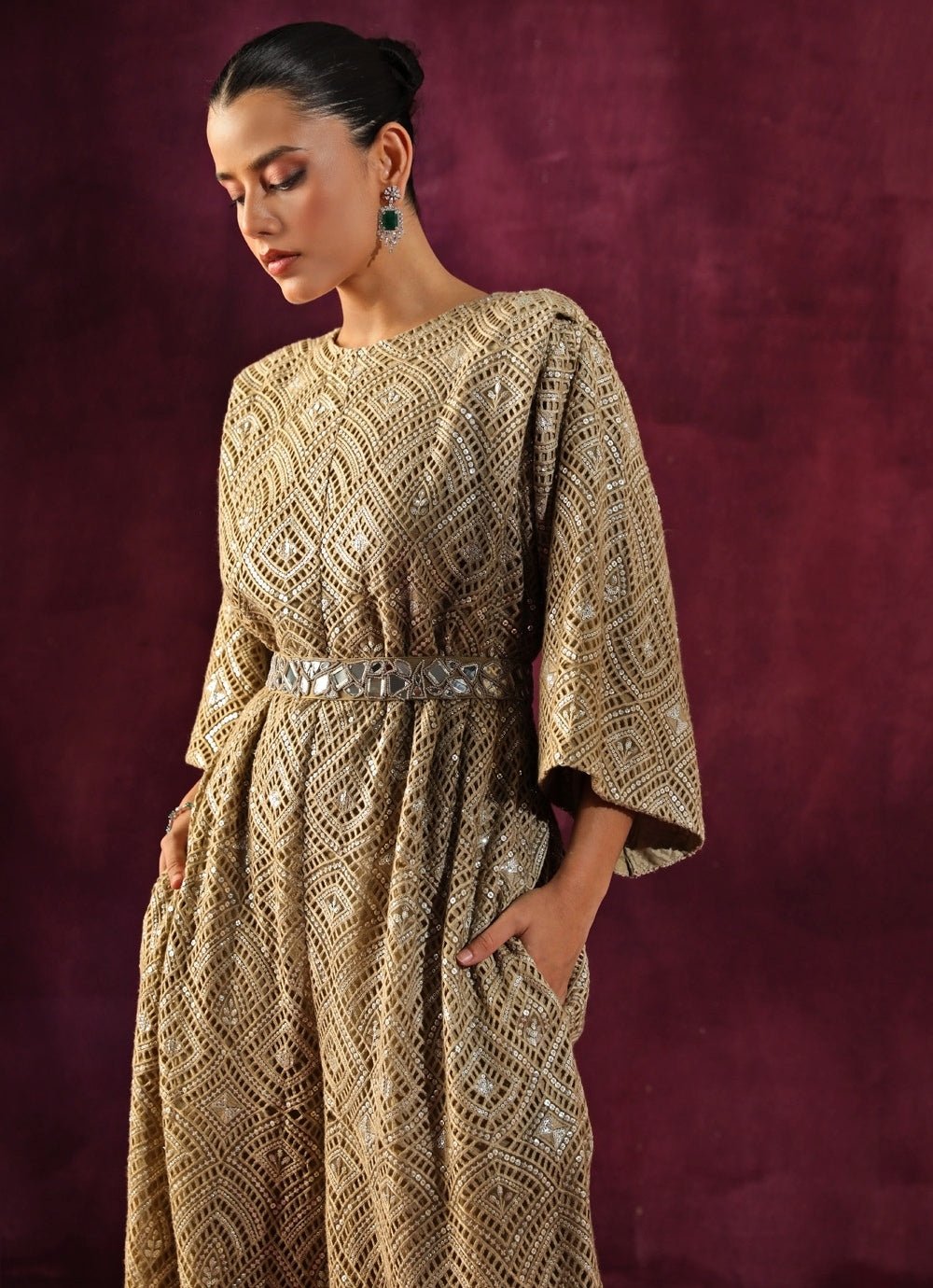 Twenty Nine Beige Gold Lace Mirrorwork JumpsuitFabilicious Fashion