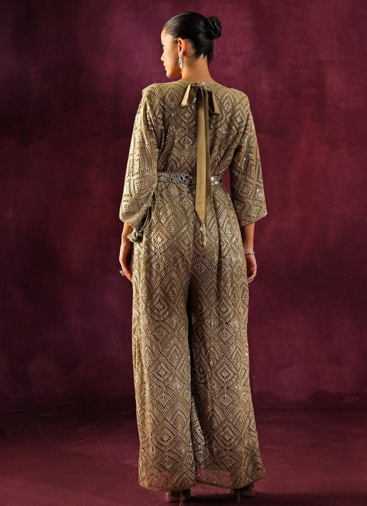 Twenty Nine Beige Gold Lace Mirrorwork JumpsuitFabilicious Fashion