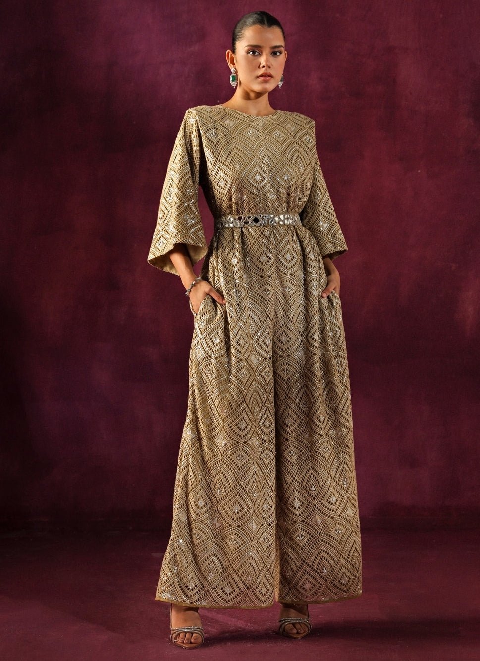 Twenty Nine Beige Gold Lace Mirrorwork JumpsuitFabilicious Fashion