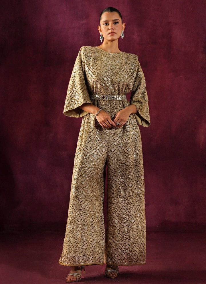 Twenty Nine Beige Gold Lace Mirrorwork JumpsuitFabilicious Fashion