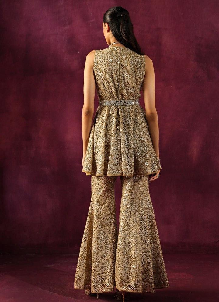Twenty Nine Beige Gold Lace Mirrorwork Peplum Top Palazzo SetFabilicious Fashion