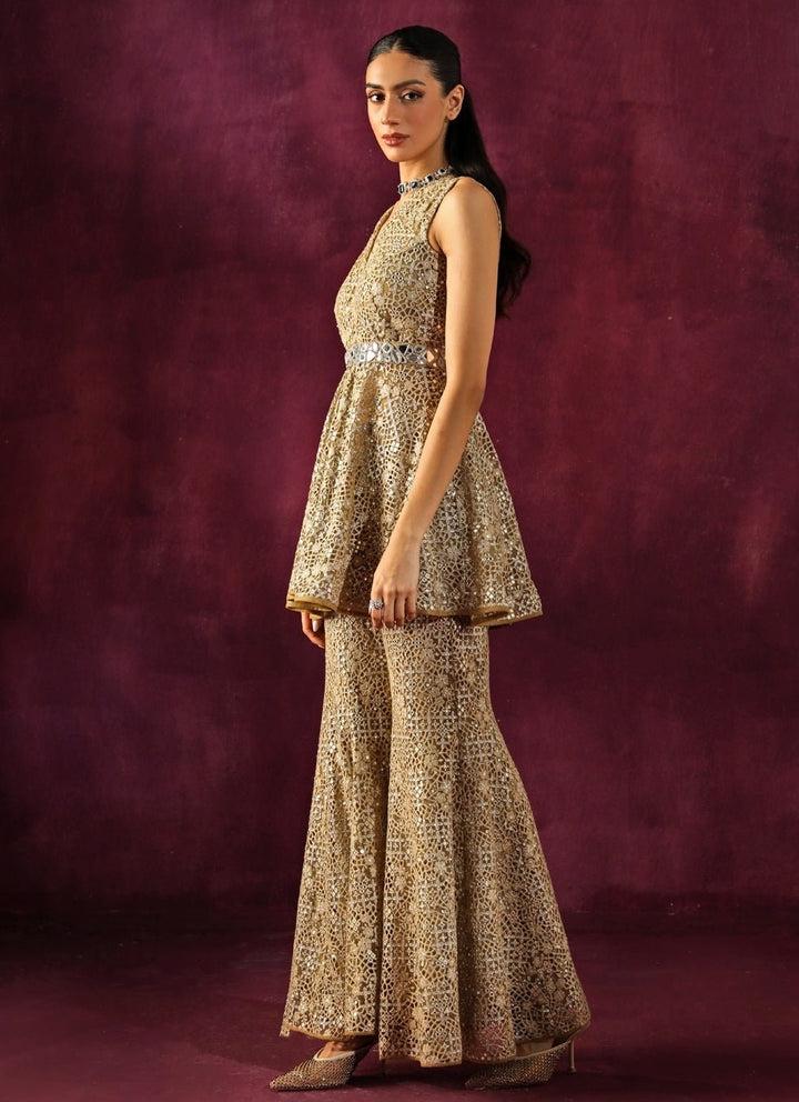 Twenty Nine Beige Gold Lace Mirrorwork Peplum Top Palazzo SetFabilicious Fashion
