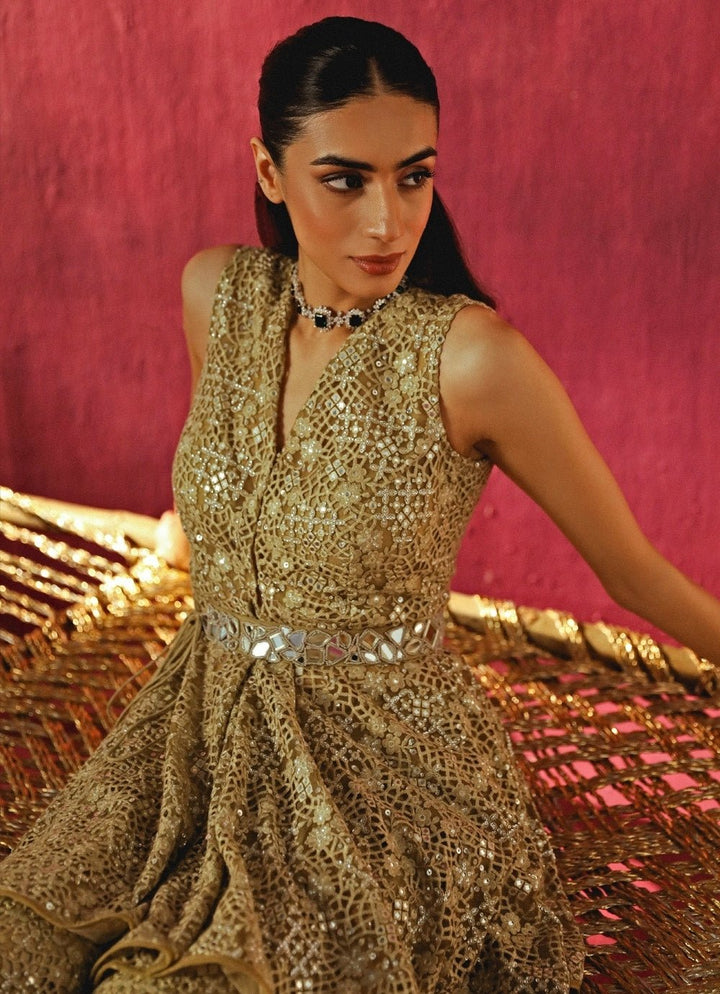 Twenty Nine Beige Gold Lace Mirrorwork Peplum Top Palazzo SetFabilicious Fashion