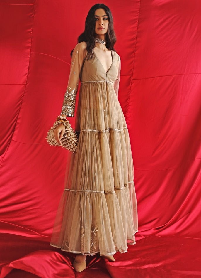 Beige Gold Layered Anarkali Jacket With Mirrorwork Palazzo Twenty Nine - Fabilicious Fashion