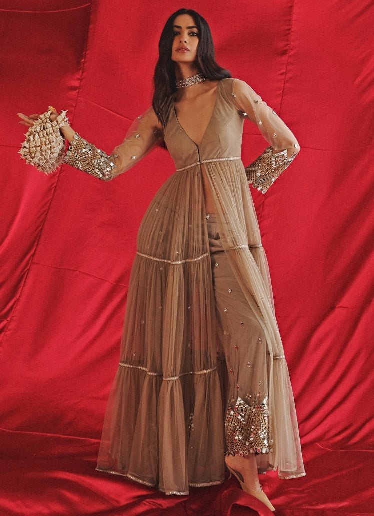 Beige Gold Layered Anarkali Jacket With Mirrorwork Palazzo Twenty Nine - Fabilicious Fashion