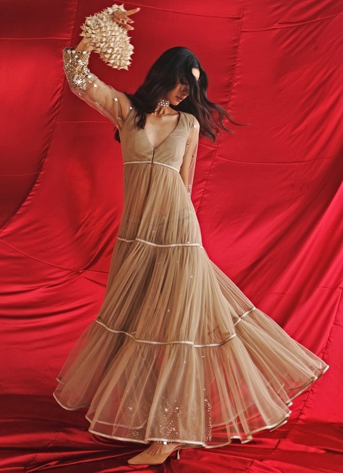 Beige Gold Layered Anarkali Jacket With Mirrorwork Palazzo Twenty Nine - Fabilicious Fashion