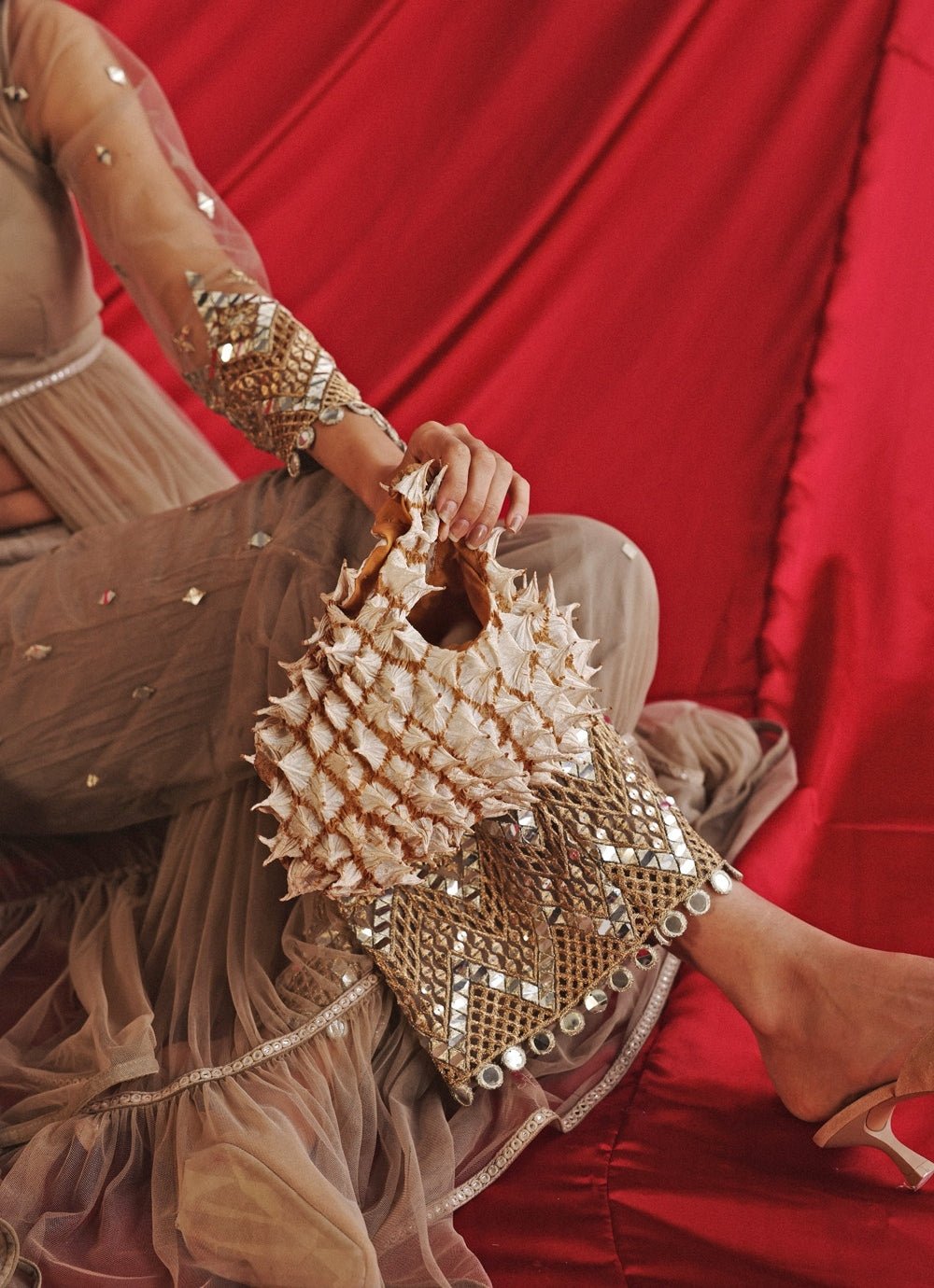 Beige Gold Layered Anarkali Jacket With Mirrorwork Palazzo Twenty Nine - Fabilicious Fashion