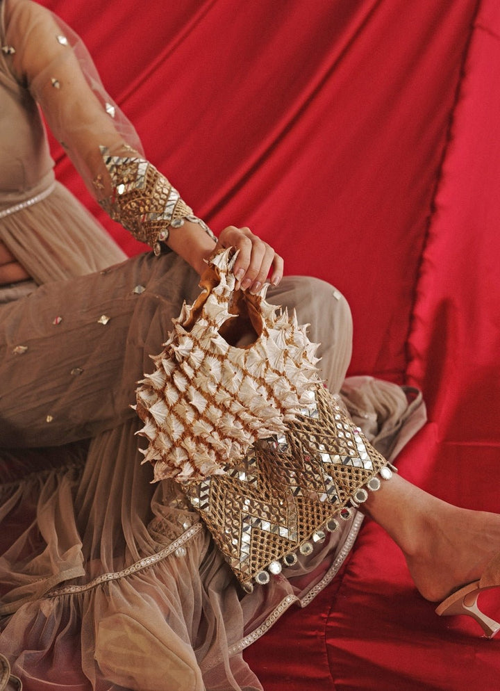 Beige Gold Layered Anarkali Jacket With Mirrorwork Palazzo Twenty Nine - Fabilicious Fashion