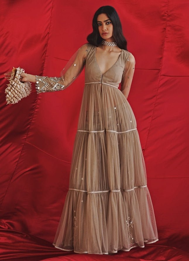 Beige Gold Layered Anarkali Jacket With Mirrorwork Palazzo Twenty Nine - Fabilicious Fashion