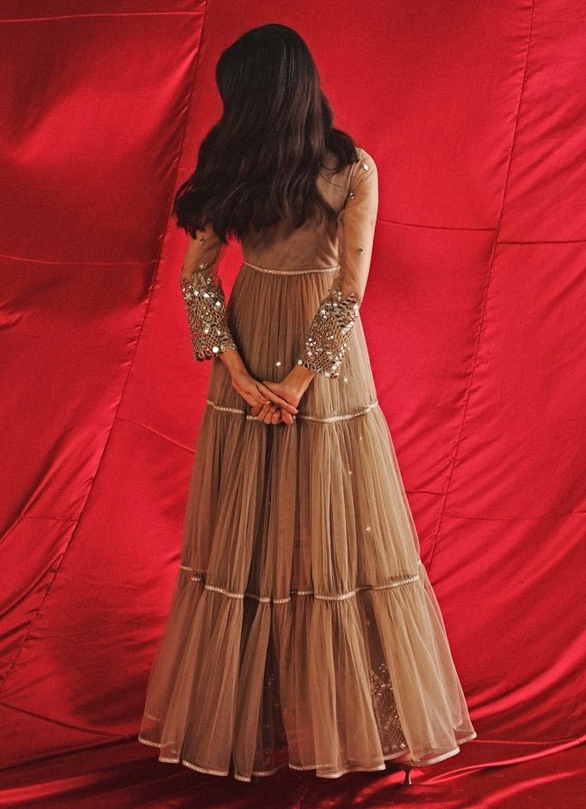 Beige Gold Layered Anarkali Jacket With Mirrorwork Palazzo Twenty Nine - Fabilicious Fashion
