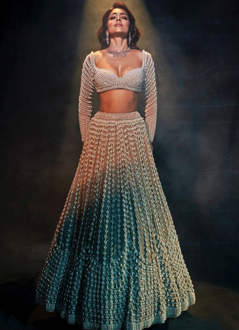 Beige Gold Lehenga Set With Chandelier Pearl Work Vvani By Vani Vats - Fabilicious Fashion