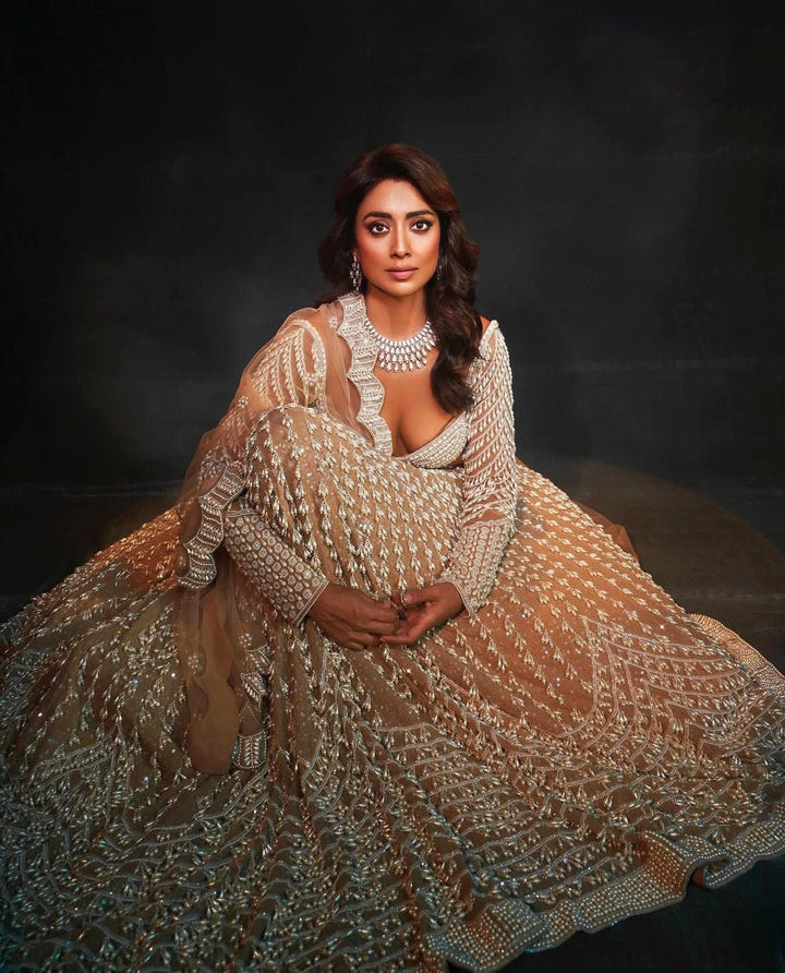 Beige Gold Lehenga Set With Chandelier Pearl Work Vvani By Vani Vats - Fabilicious Fashion