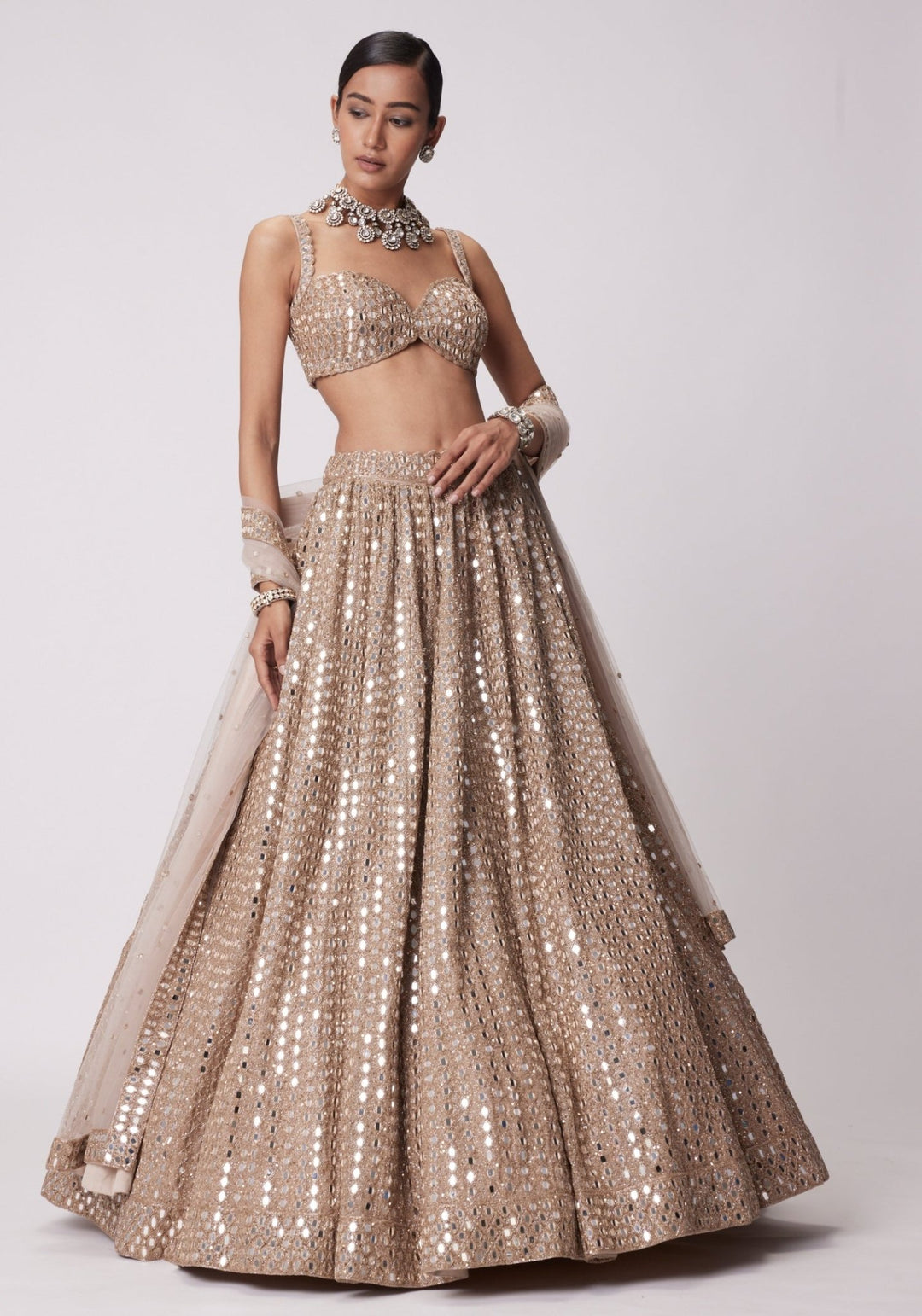 Beige Gold Lehenga With Embroidered Mirror Blouse Vvani by Vani Vats - Fabilicious Fashion