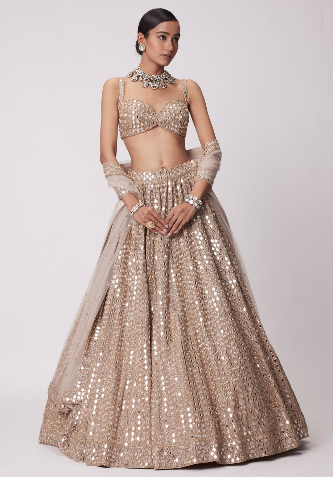 Beige Gold Lehenga With Embroidered Mirror Blouse Vvani by Vani Vats - Fabilicious Fashion
