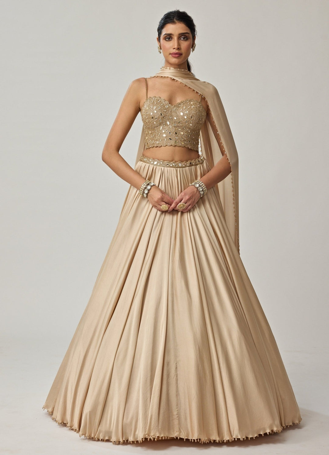 Beige Gold Mirror Embroidered Corset With Satin Lehenga Vvani by Vani Vats - Fabilicious Fashion